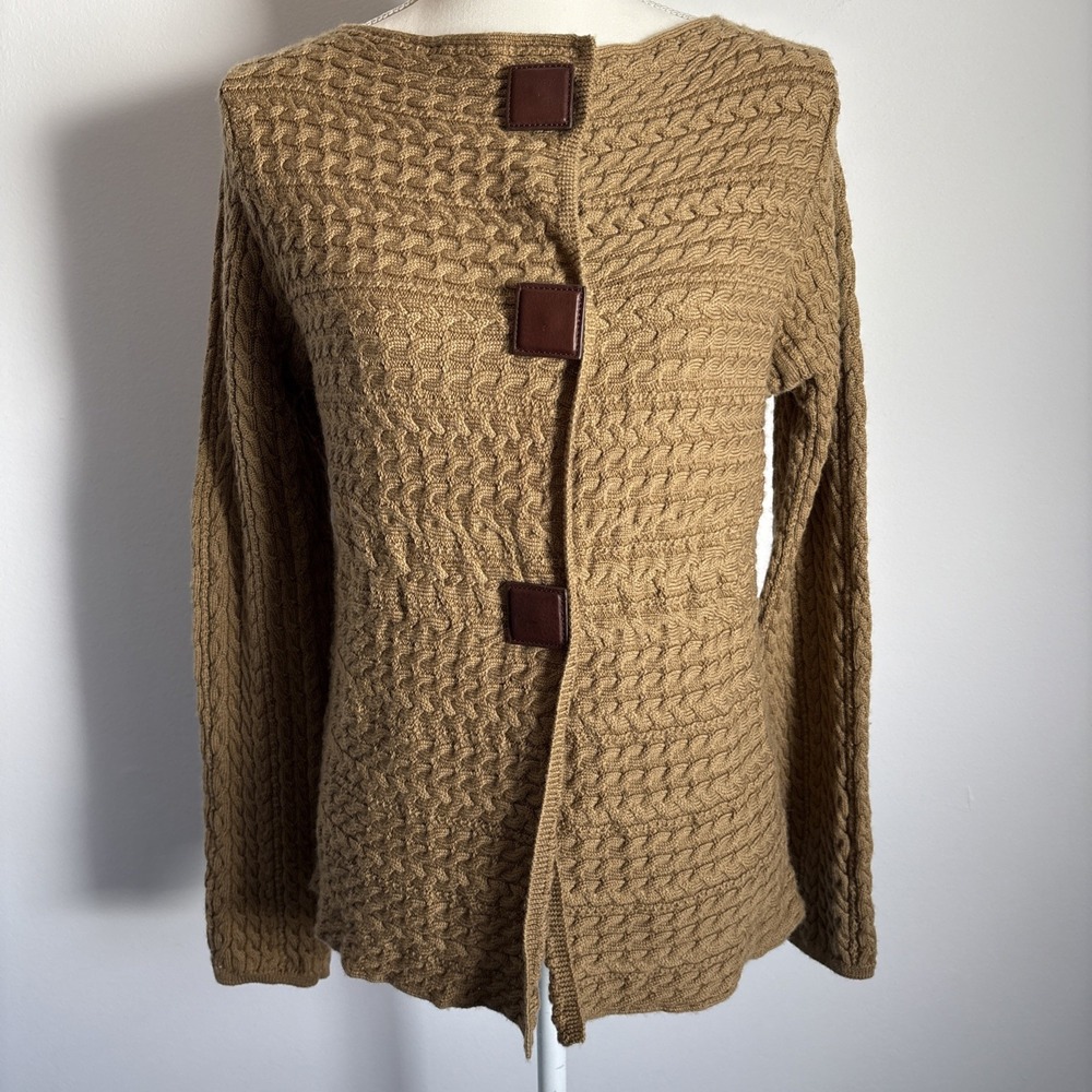 Philosophy Republic Mercerized Wool Cardigan Cable Knit Sweater Leather‎ Buttons